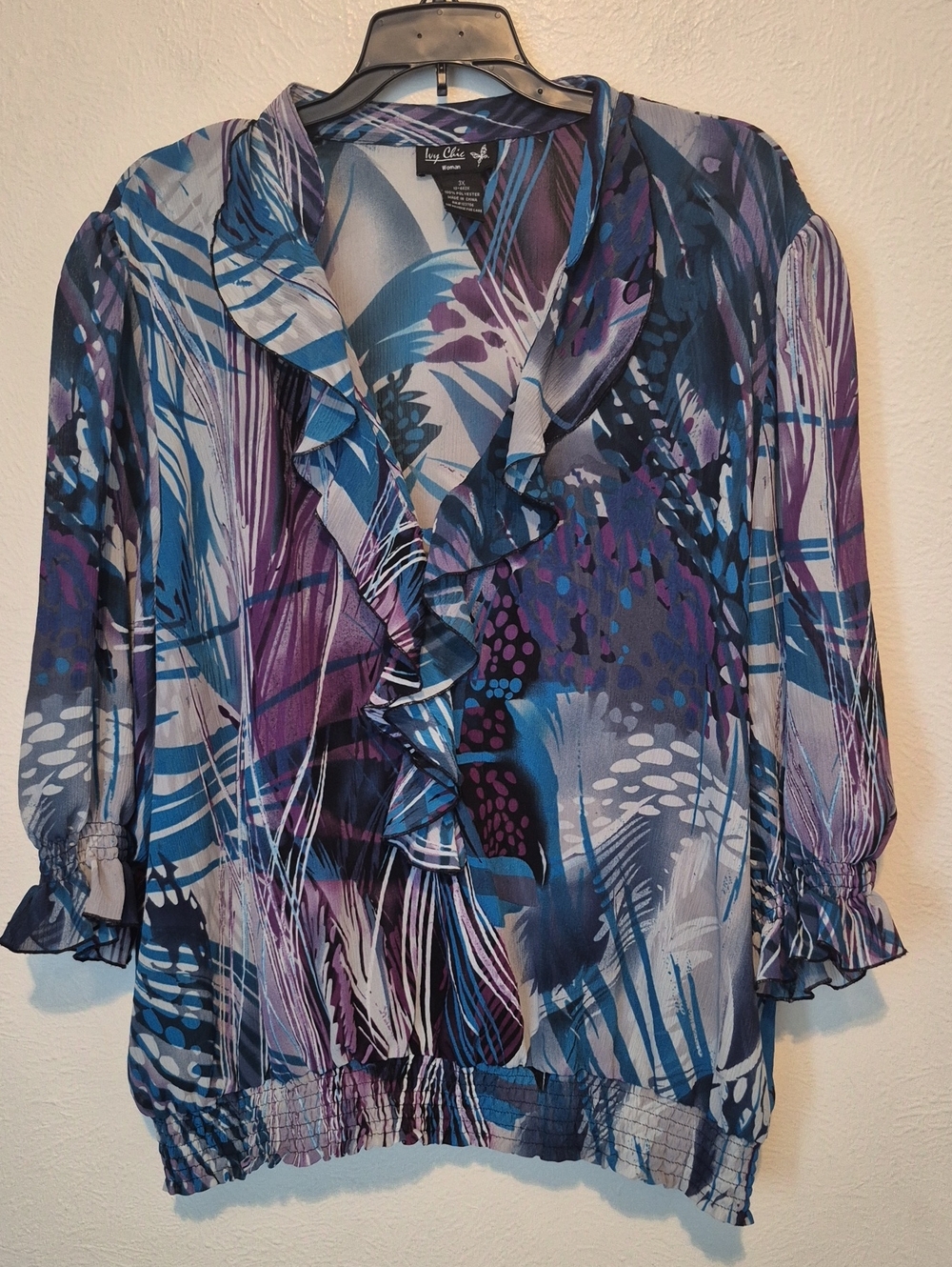 Ruffled V-Neck Blouse in Blue & Purple Print